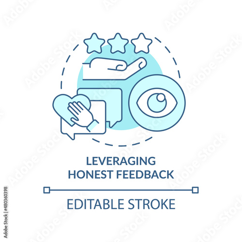 Leveraging honest feedback turquoise concept icon. Business transparency abstract idea thin line illustration. Isolated outline drawing. Editable stroke. Roboto-Medium, Myriad Pro-Bold fonts used