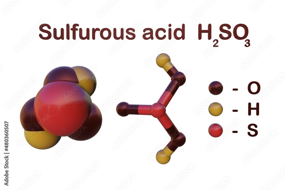 Structural chemical formula and molecular model of sulfurous or