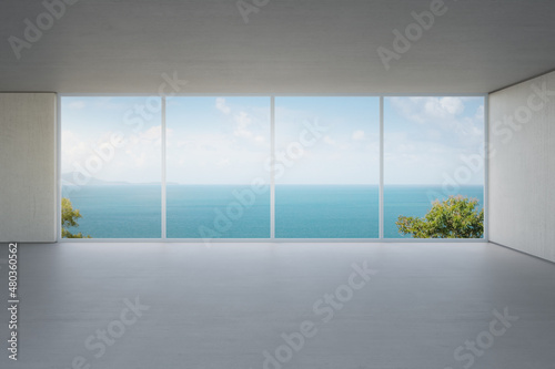 Glass window near blank wall on empty concrete floor of large living room in modern house or luxury hotel. Minimal home interior 3d rendering with beach and sea view.