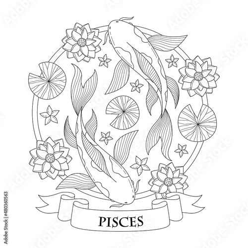 pisces horoscope illustration with outline or doodle style