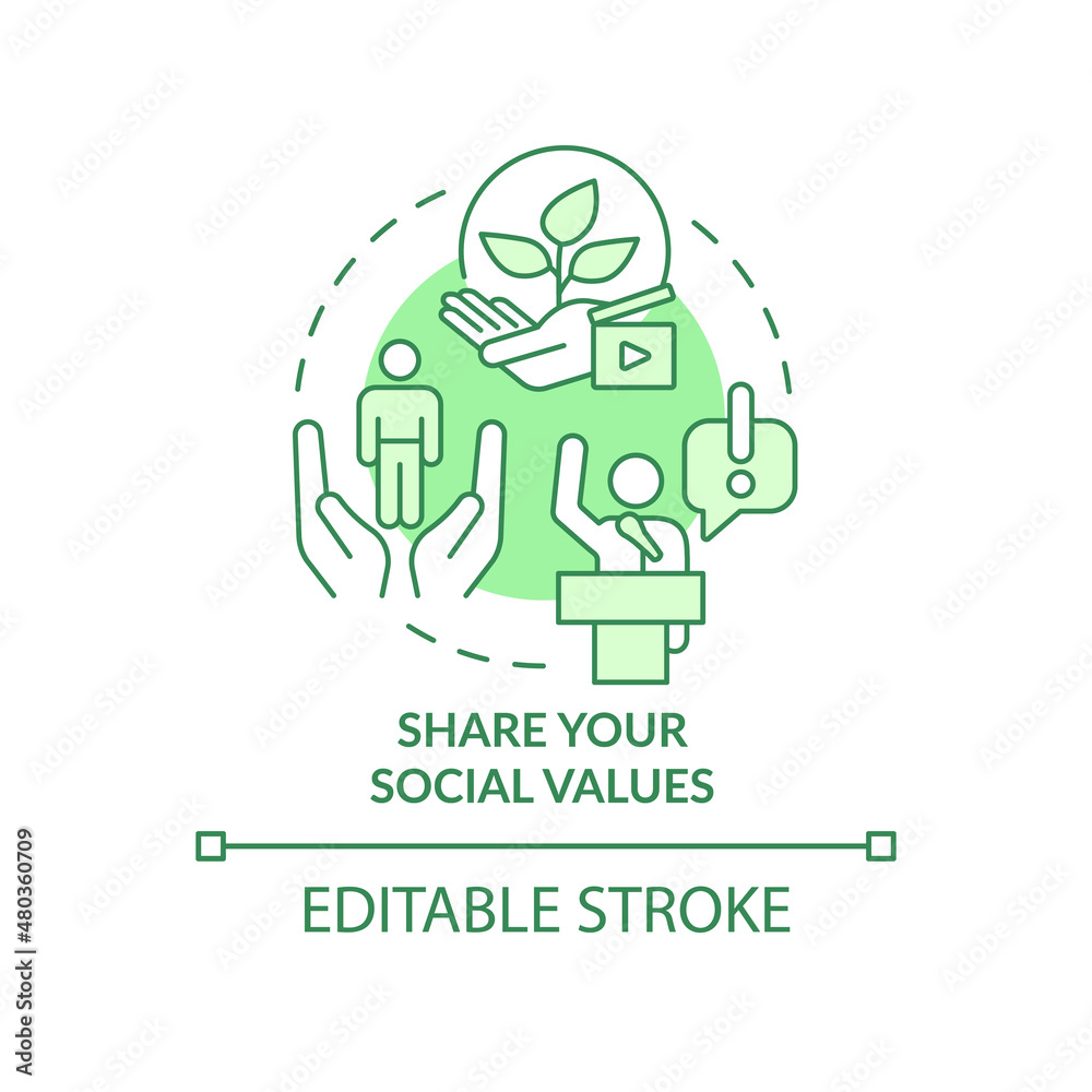 Share your social values green concept icon. Responsible business abstract idea thin line illustration. Isolated outline drawing. Editable stroke. Roboto-Medium, Myriad Pro-Bold fonts used Share your social values green concept icon. Responsible business abstract idea thin line illustration. Isolated outline drawing. Editable stroke. Roboto-Medium, Myriad Pro-Bold fonts used