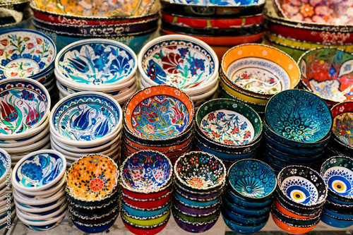 Iznik bowls and other Turkish colourful modern and traditional ceramics at the Grand Bazaar, Istanbul. Beautiful ceramic tiles with decoration