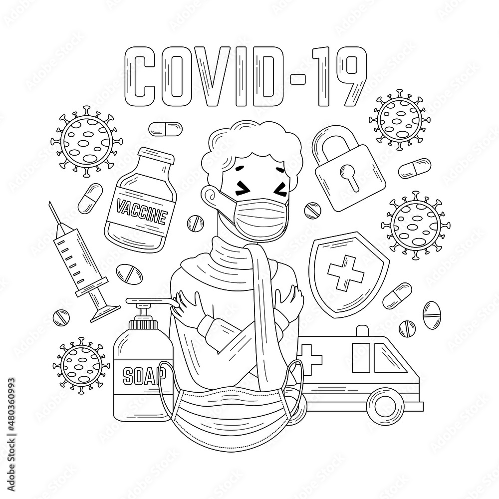 Covid -19 illustration in doodle or outline style Covid -19 illustration in doodle or outline style