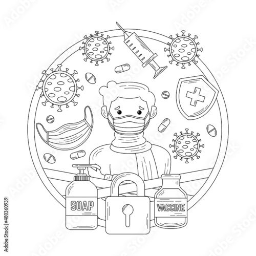 Covid -19 illustration in doodle or outline style