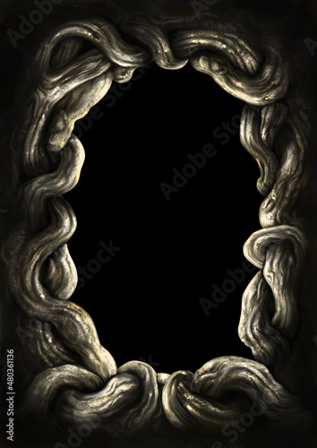 Ancient roots vertical frame / Illustration abstract frame with fantasy branches or roots. Digital painting 
