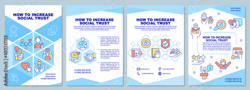 How to increase social trust blue brochure template. Booklet print design with linear icons. Vector layouts for presentation, annual reports, ads. Arial-Black, Myriad Pro-Regular fonts used