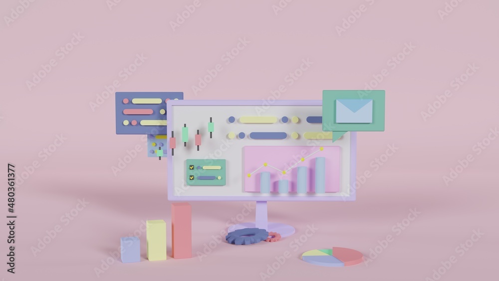 グラフや数値、チャート、インターネットの情報を分析するデスクトップパソコンの3Dイラスト(ピンク) 3D illustration of desktop computer analyzing graphs, numbers, charts, and internet information (pink) グラフや数値、チャート、インターネットの情報を分析するデスクトップパソコンの3Dイラスト(ピンク) 3D illustration of desktop computer analyzing graphs, numbers, charts, and internet information (pink)