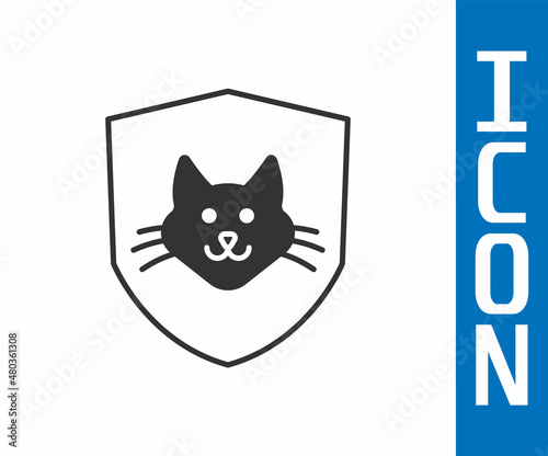 Grey Animal health insurance icon isolated on white background. Pet protection concept. Dog or cat paw print. Vector