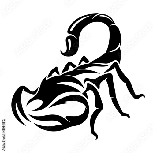 Abstract black scorpion icon on white background.