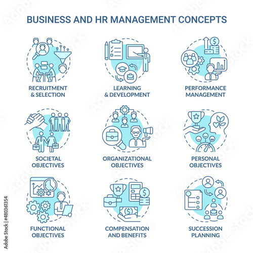 HR and business management turquoise concept icons set. Human resource duties idea thin line color illustrations. Isolated outline drawings. Editable stroke. Roboto-Medium, Myriad Pro-Bold fonts used