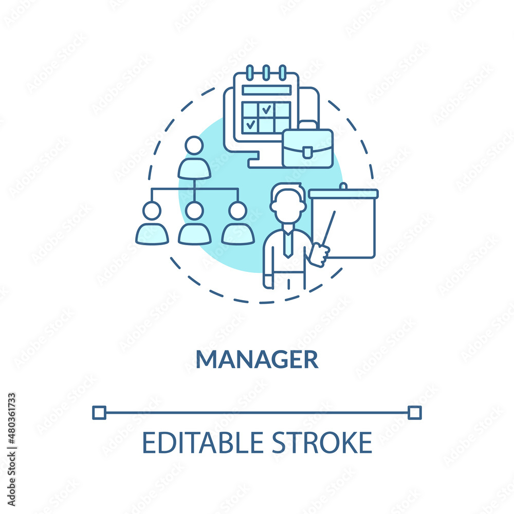 Manager turquoise concept icon. Administration and control. Business career abstract idea thin line illustration. Isolated outline drawing. Editable stroke. Roboto-Medium, Myriad Pro-Bold fonts used