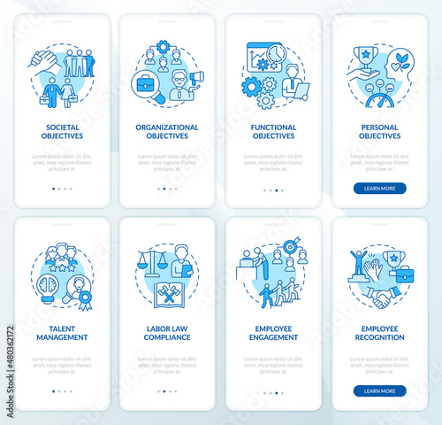 HR and business management blue onboarding mobile app screen set. Walkthrough 4 steps graphic instructions pages with linear concepts. UI, UX, GUI template. Myriad Pro-Bold, Regular fonts used