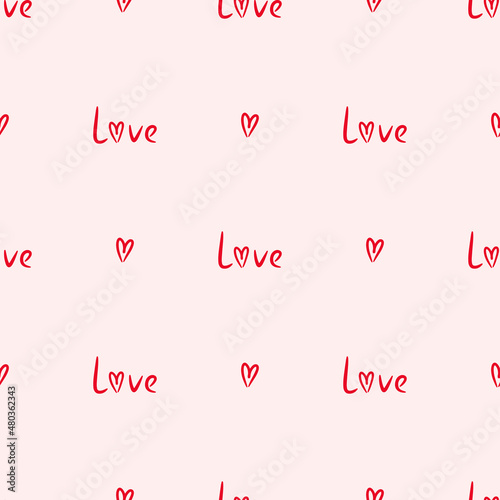 Vector seamless pattern with heart and word love. Cute romantic background for design cards,valentines day,social media templates,covers,wrapping paper.Isolated ornament on pink background.
