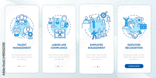 Human resources manager duties blue onboarding mobile app screen. Walkthrough 4 steps graphic instructions pages with linear concepts. UI, UX, GUI template. Myriad Pro-Bold, Regular fonts used