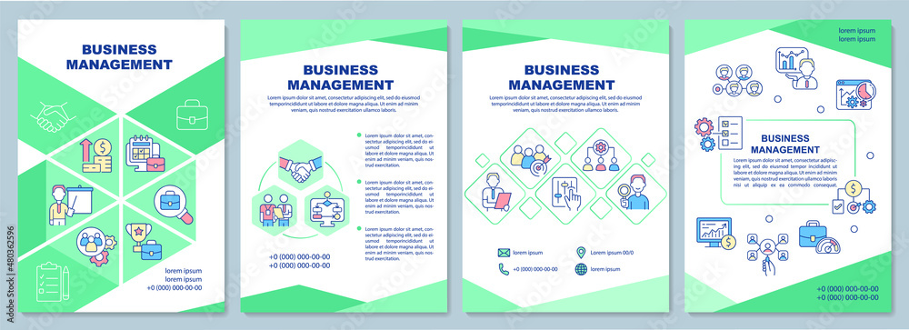 Business mangement brochure template. Coordination and control. Booklet print design with linear icons. Vector layouts for presentation, annual reports, ads. Arial-Black, Myriad Pro-Regular fonts used