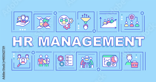 HR management word concepts blue banner. Recruitment process. Infographics with linear icons on background. Isolated typography. Vector color illustration with text. Arial-Black font used