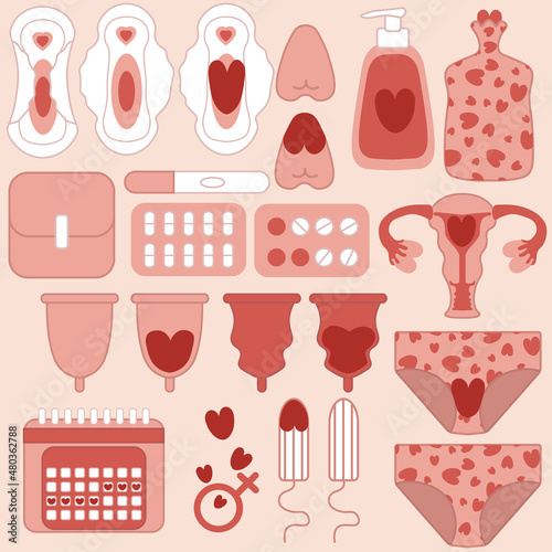 Female menstruation Mega set.Pad,tampon,menstrual cup,menstrual discharge,pills,hot water bottle,intimate hygiene product,menstrual calendar,pregnancy test,uterus.Vector illustration
