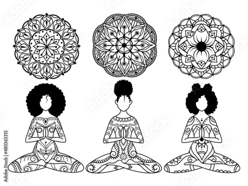 Set of afro yoga woman doing yoga. Collection of meditating girls in the lotus position. Meditation pose. Lotus flower mandala set. Vector illustration isolated on white background.