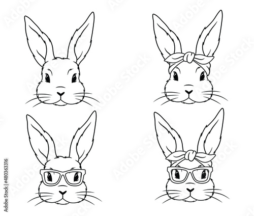 Set of cute bunny faces. Collection of cartoon rabbit faces with glasses and hendband. Holiday rabbits. Eater hare. Colorful illustration isolated on white white. Drawing with children.