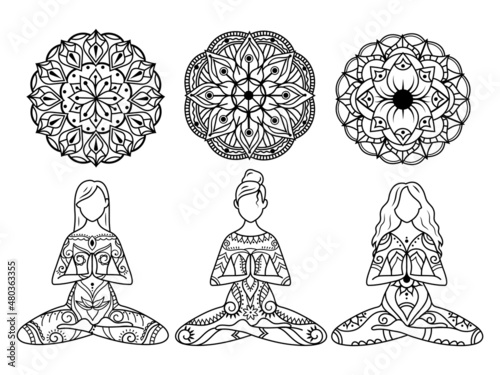 Yoga woman set. Collection of meditating girls in the lotus position. Meditation. Lotus flower mandala set. Vector illustration isolated on white background.
