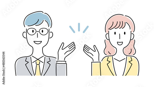 手描き風・笑顔で案内する男女のベクターイラスト