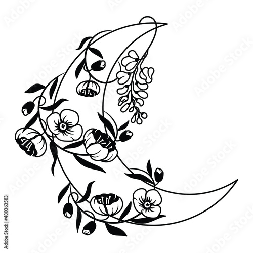 Illustration of floral crescent moon. Silhouette of decorative beautiful flower arrangements with cosmic body. Botany. Trendy t-shirt design.Tattoo.