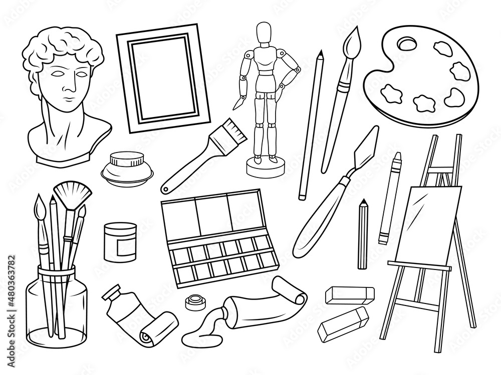 Set of artist supplies. Collection of different art tools paint brushes, easel, palette knife