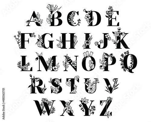 Set of flower alphabet. Collection of stylized floral letters and numbers with botany elements. Wedding font.   Vector illustration of spring font for postcards.