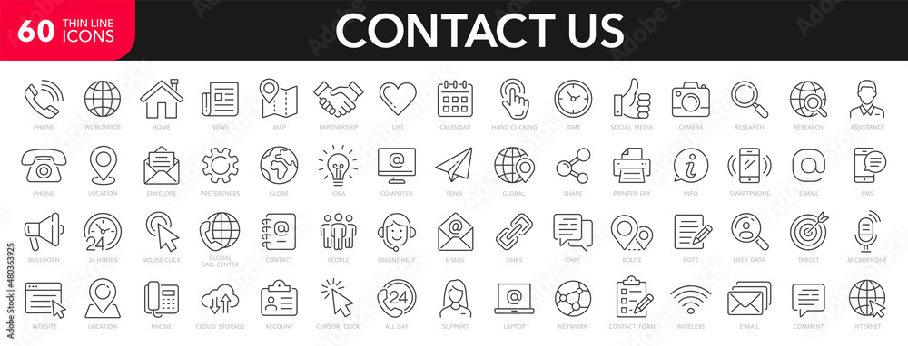Contact us line icons set. Contact Us web icons in line style. Chat, support, message, phone, globe, point, chat, call, info - stock vector. - obrazy, fototapety, plakaty 