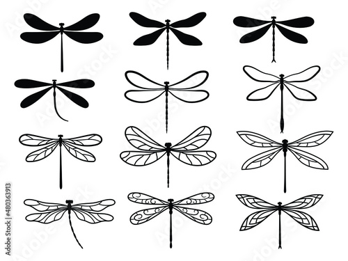 Set of stylized dragonflies. Collection of linear flying dragonflies. Vector illustration of on a white background.