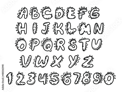 Set of dinosaur alphabet. Collection of funny dino font and numbers. Drawing for kids. Vector illustration of dino letters for learning kids. 