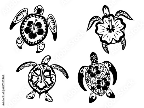 Set of sea turtles with flowers. Collection of floral tropical underwater inhabitants with armor. Hawaii plants. Undersea world. Vector illustration for children. Tattoo.