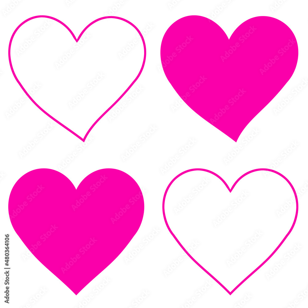 Four pink heart icons, isolated on white background