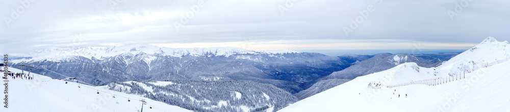 Panoramic winter landscape: The Rosa Khutor Alpine Resort near Krasnaya Polyana panoramic background.