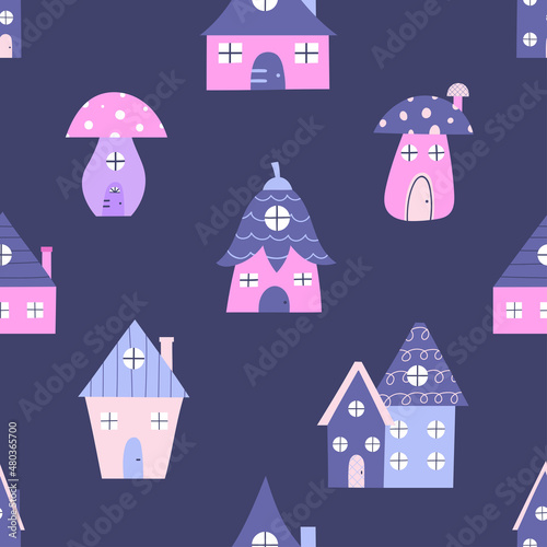 Magical houses seamless repeat vector pattern