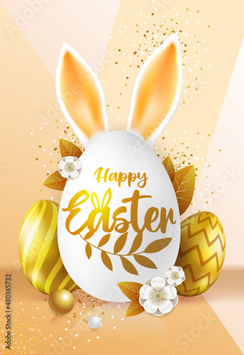 Holiday Easter background with golden easter eggs. Easter egg with rabbit ears. Greeting card or poster. Vector illustration