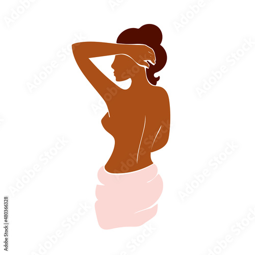 A beautiful woman stands with her back in a bath towel. Stock vector illustration isolated on white background.woman body spa treatment for beauty skin back view.