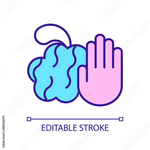 Avoid scrubbing skin with washcloth RGB color icon. Health care. Skincare routine procedure. Isolated vector illustration. Simple filled line drawing. Editable stroke. Arial font used