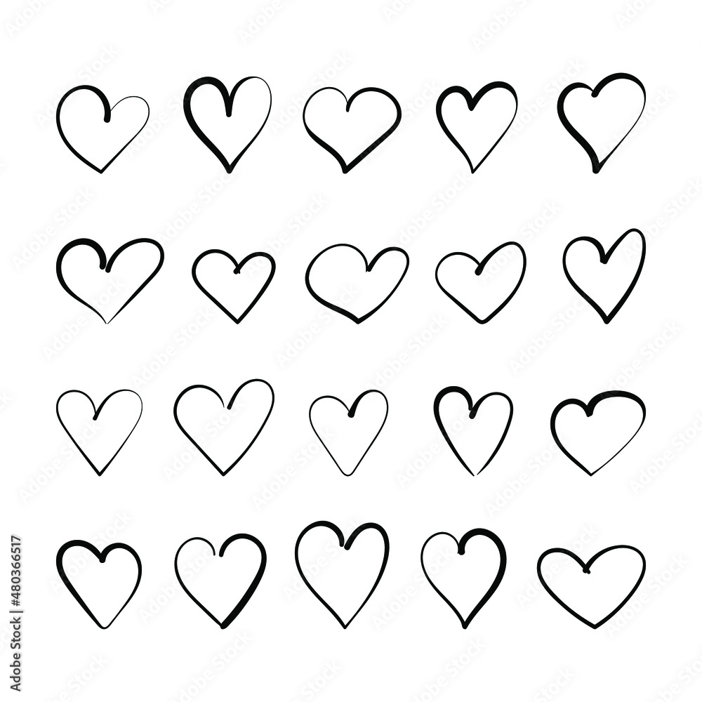 Set of hearts drawn by hand. Isolated on white background.