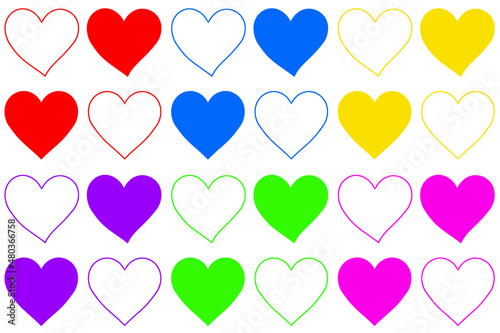 24 heart icons, 4 shapes and 6 colors, red, blue, yellow, purple, green and pink, isolated on white background
