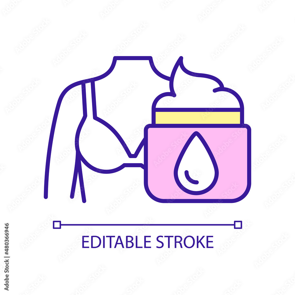 Obraz premium Body moisturizing cream RGB color icon. Cosmetic product. Skincare routine. Beauty and health. Isolated vector illustration. Simple filled line drawing. Editable stroke. Arial font used