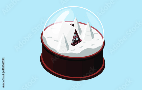 Snow globe in isometry. House with trees and falling snow. Flat style illustration