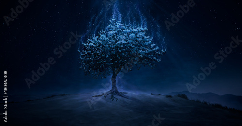 Fotobehang Magic tree spreading magic on the hilltop
