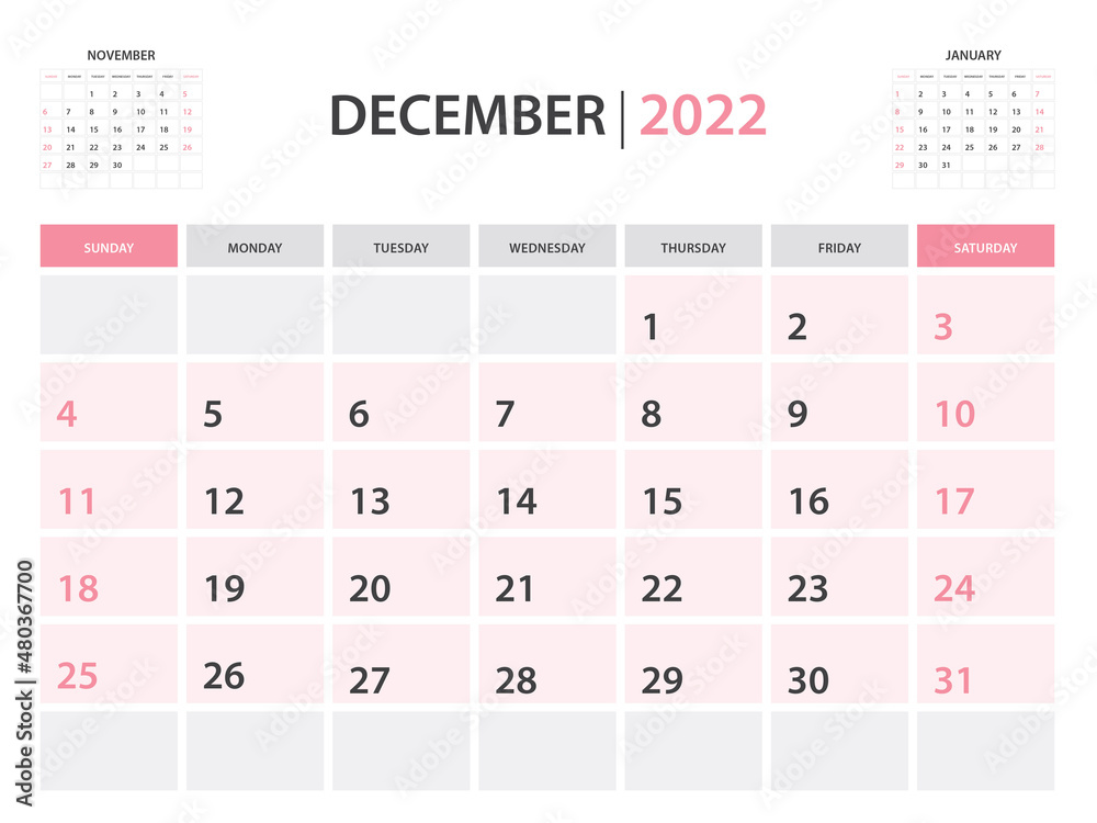 Calendar 2022 template, December 2022 layout, Printable minimalist monthly planner, Desk Calendar 2022 template, Wall calendar design, Week Start On Sunday, Stationery, printing, pink color, vector Calendar 2022 template, December 2022 layout, Printable minimalist monthly planner, Desk Calendar 2022 template, Wall calendar design, Week Start On Sunday, Stationery, printing, pink color, vector
