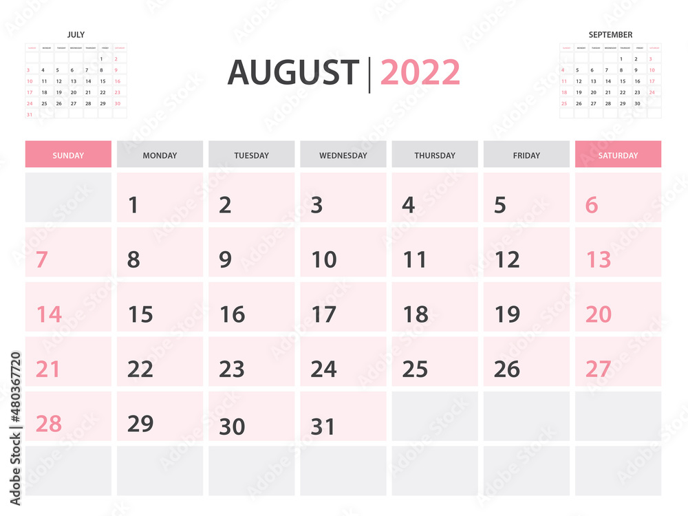 Calendar 2022 template, August 2022 layout, Printable minimalist monthly planner, Desk Calendar 2022 template, Wall calendar design, Week Start On Sunday, Stationery, printing, pink color, vector