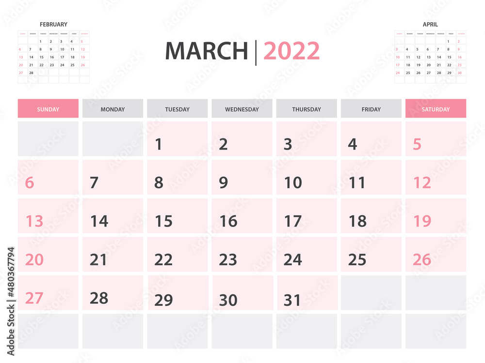 Calendar 2022 template, March 2022 layout, Printable minimalist monthly planner, Desk Calendar 2022 template, Wall calendar design, Week Start On Sunday, Stationery, printing, pink color, vector