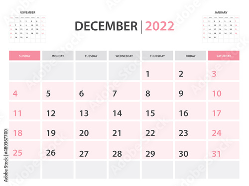 Calendar 2022 template, December 2022 layout, Printable minimalist monthly planner, Desk Calendar 2022 template, Wall calendar design, Week Start On Sunday, Stationery, printing, pink color, vector