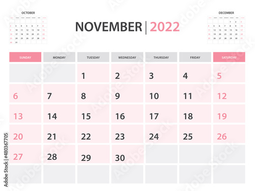 Calendar 2022 template, November 2022 layout, Printable minimalist monthly planner, Desk Calendar 2022 template, Wall calendar design, Week Start On Sunday, Stationery, printing, pink color, vector