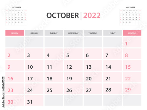 Calendar 2022 template, October 2022 layout, Printable minimalist monthly planner, Desk Calendar 2022 template, Wall calendar design, Week Start On Sunday, Stationery, printing, pink color, vector