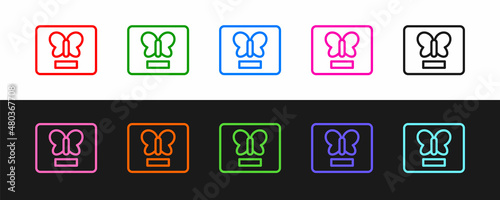 Set line Butterfly in a frame icon isolated on black and white background. Herbarium. Vector